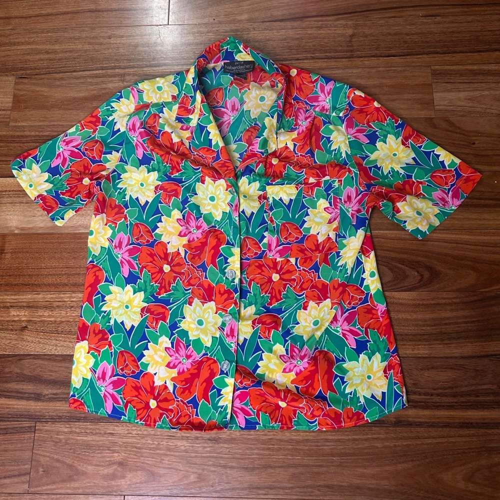 Vintage Haberdashery Floral tropical Button Up Top Short Sleeve Shirt Size 12‎